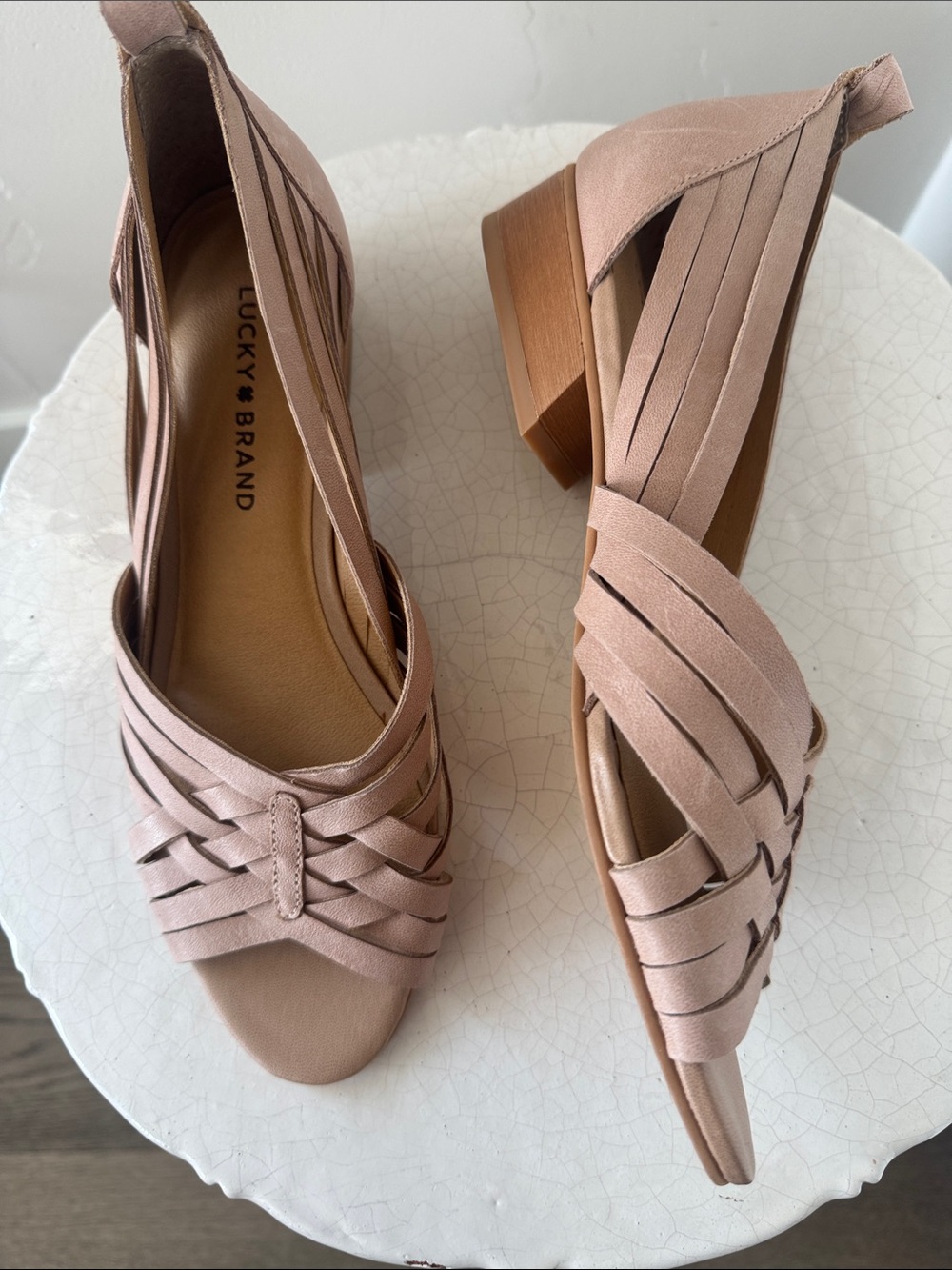 Lucky Brand Blush Pink Leather Woven Block Heel Sandals Open Toe Casual Size 9